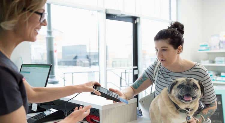 Woman at Vet with Pug Paying Vet Bill with Credit Card
