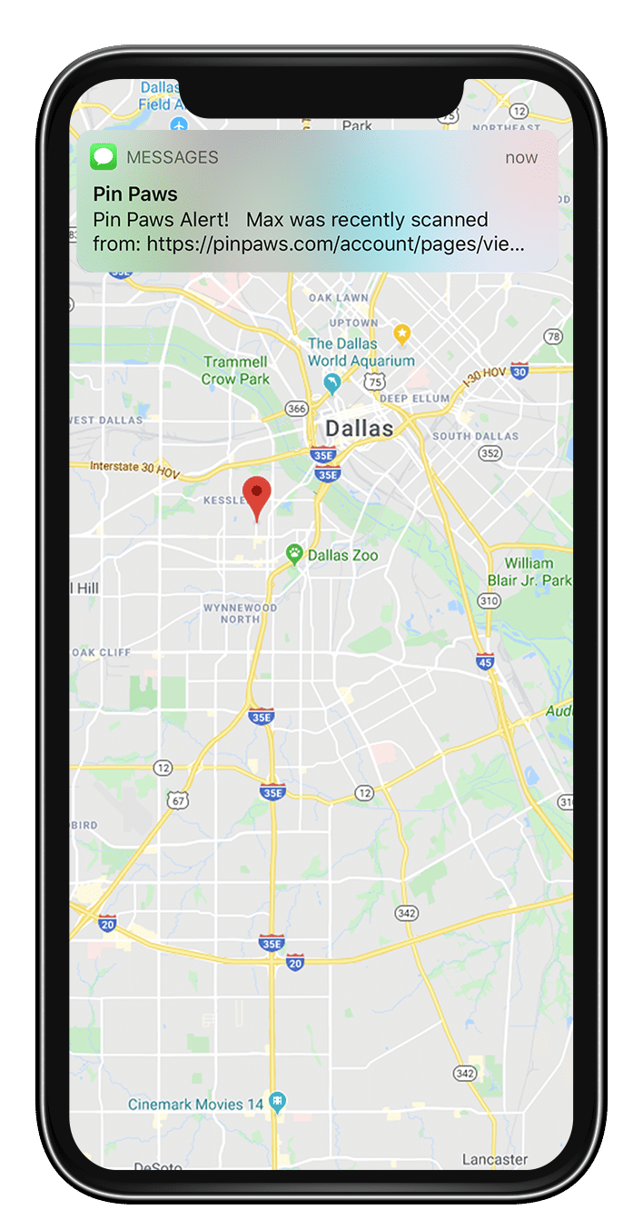 Large iPhone image with Google map and pin dropped with lost pet location