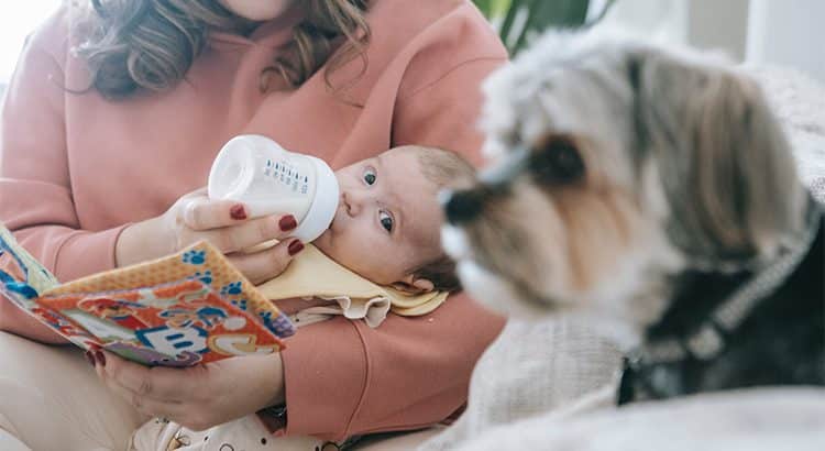 Mom feeding a baby a bottle while reading him a book and a dog in the picture